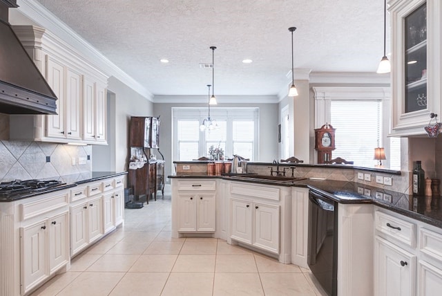 kitchen with premium range hood, pendant lighting, black dishwasher, and white cabinetry