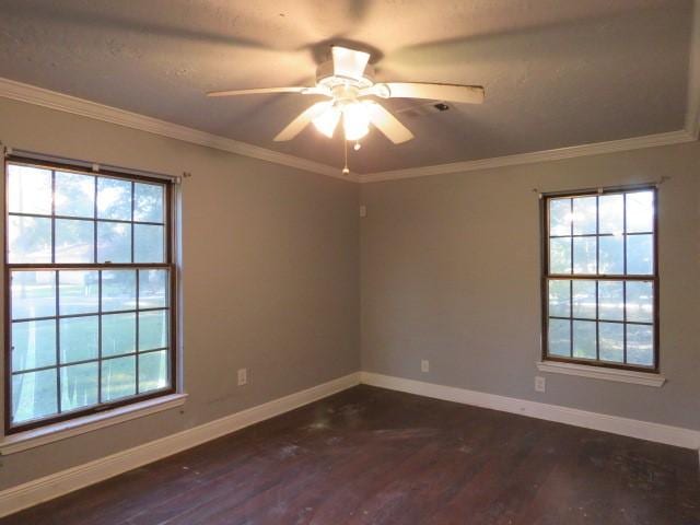 unfurnished room with ceiling fan, plenty of natural light, and ornamental molding