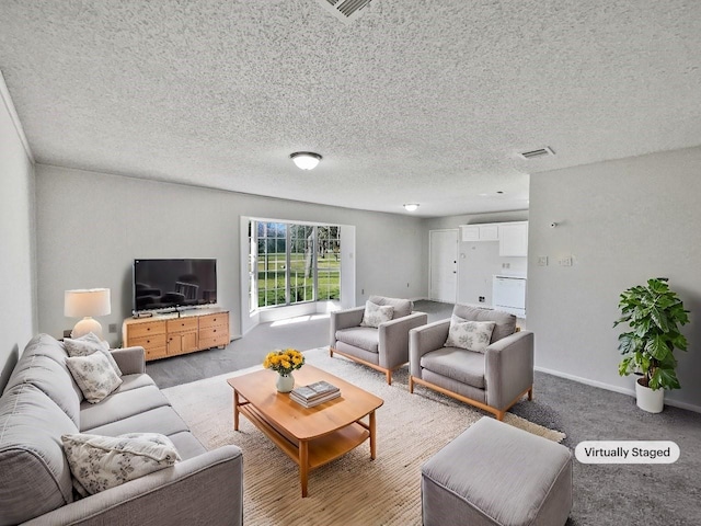 living room featuring a textured ceiling and light carpet