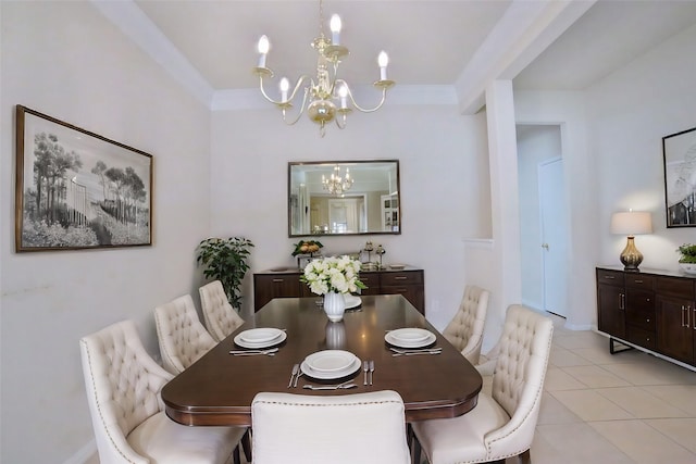 tiled dining space with crown molding and an inviting chandelier