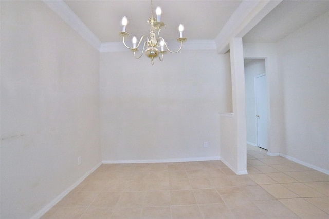 unfurnished room featuring a chandelier, light tile patterned floors, and crown molding