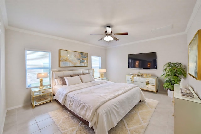 tiled bedroom featuring multiple windows, ceiling fan, and ornamental molding