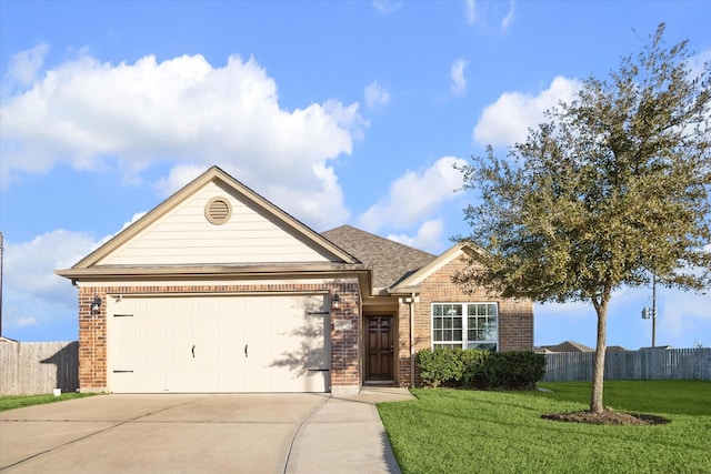 single story home featuring a garage and a front lawn