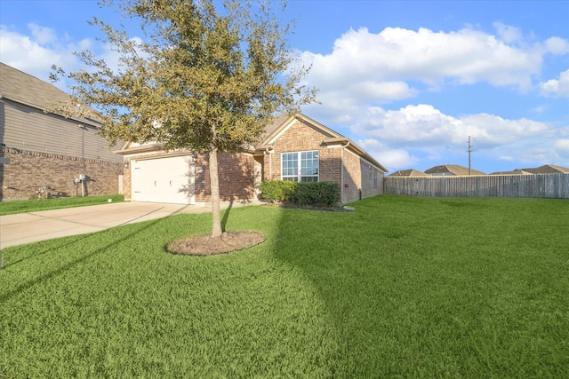 ranch-style house featuring a garage and a front lawn