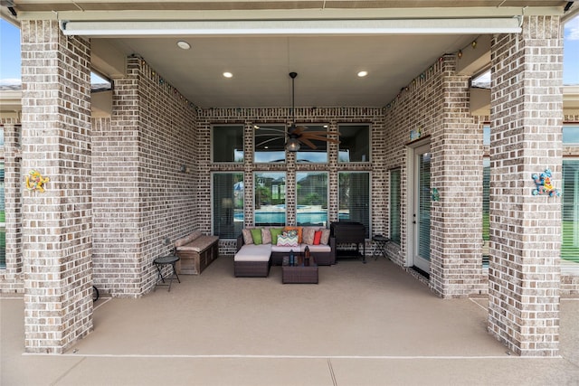 view of patio / terrace featuring ceiling fan and an outdoor hangout area