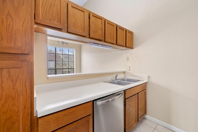 kitchen featuring sink, light tile patterned floors, and stainless steel dishwasher