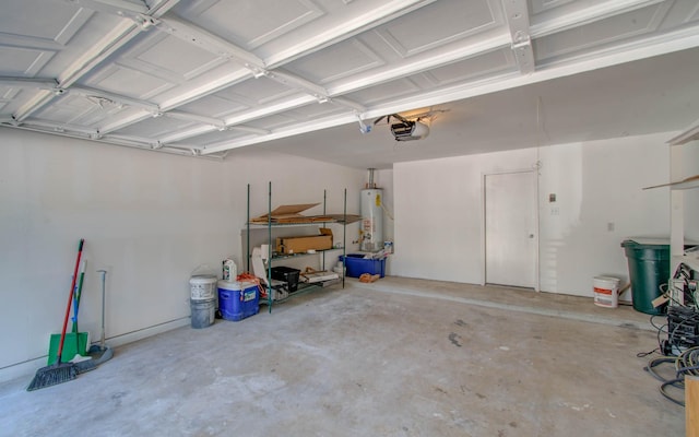 garage with a garage door opener and water heater