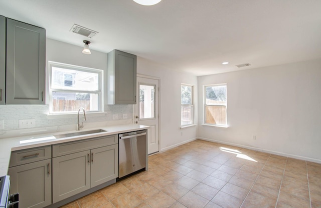 kitchen with decorative backsplash, stainless steel dishwasher, a healthy amount of sunlight, and sink