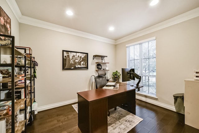 office space with dark wood-type flooring and ornamental molding