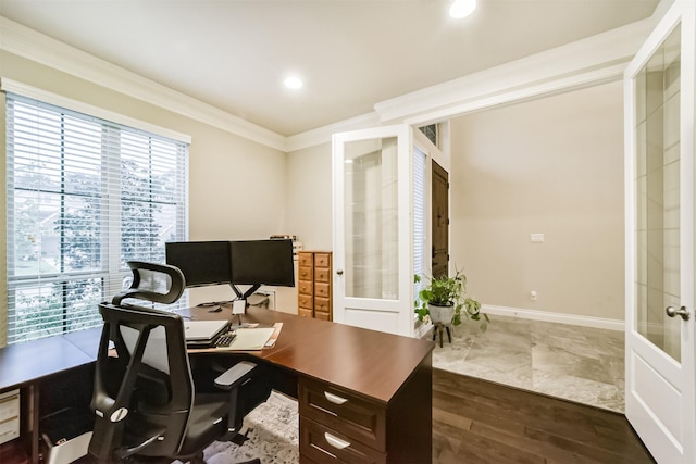 home office featuring french doors, dark hardwood / wood-style floors, and crown molding