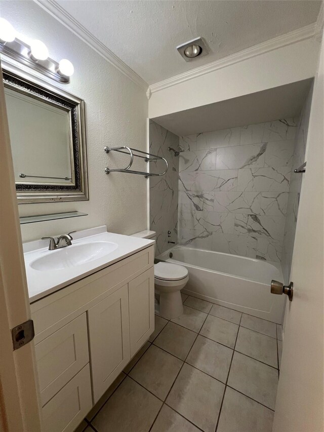 full bathroom with ornamental molding, vanity, a textured ceiling, tiled shower / bath combo, and tile patterned flooring