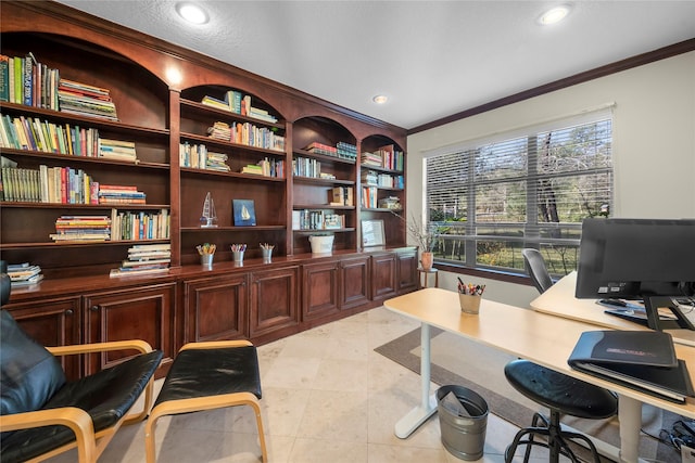 tiled office featuring built in features and crown molding