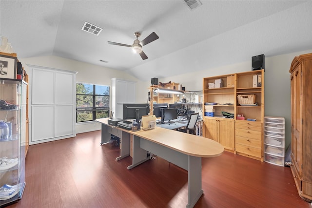 office with ceiling fan, dark hardwood / wood-style floors, and vaulted ceiling