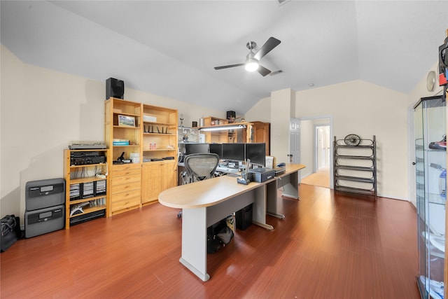 home office with hardwood / wood-style floors, ceiling fan, and lofted ceiling