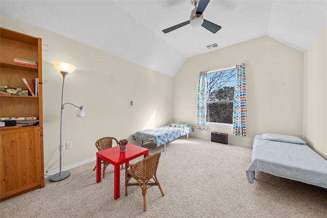 bedroom featuring carpet flooring, ceiling fan, and vaulted ceiling