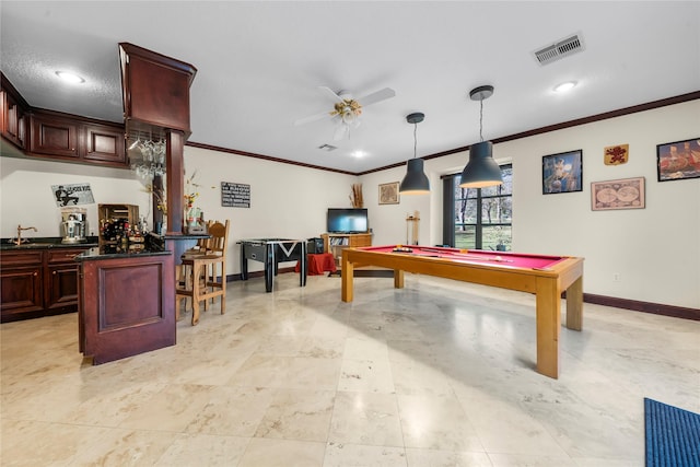 playroom featuring ceiling fan, ornamental molding, sink, and pool table