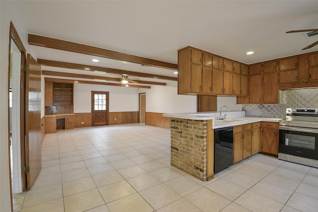 kitchen featuring electric stove, sink, black dishwasher, beam ceiling, and kitchen peninsula