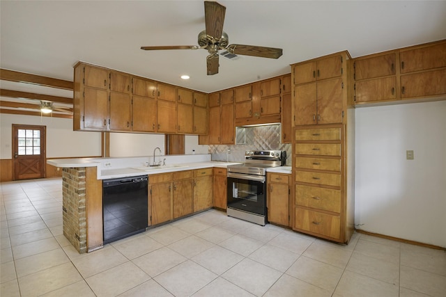 kitchen featuring electric range, sink, ceiling fan, black dishwasher, and kitchen peninsula