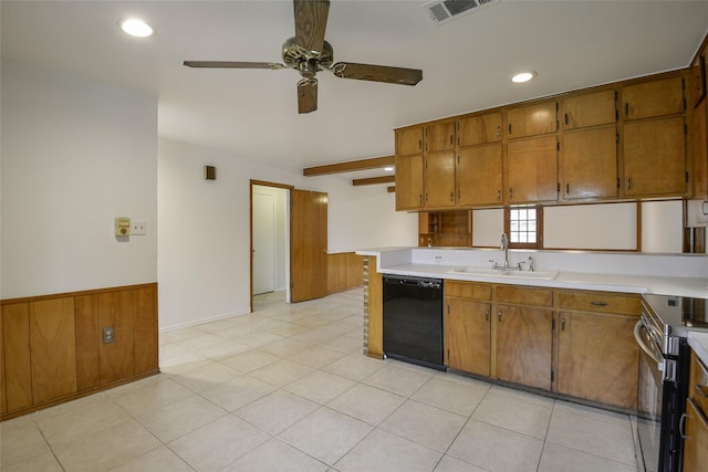 kitchen with ceiling fan, wooden walls, sink, black dishwasher, and stainless steel electric range oven