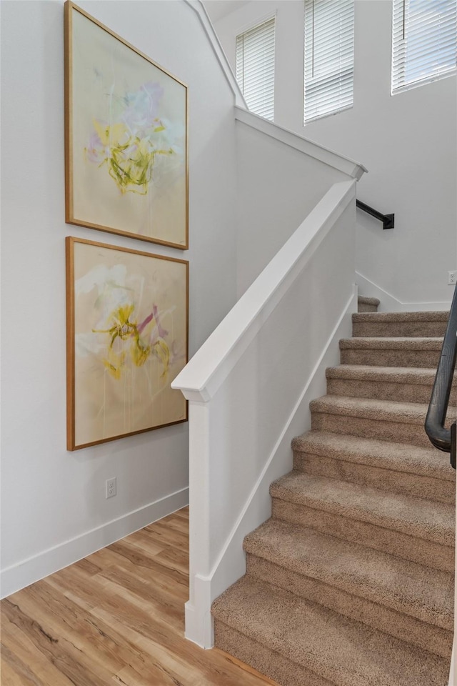 staircase with hardwood / wood-style floors