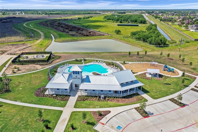 aerial view featuring a water view