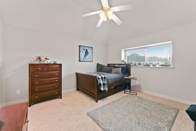 bedroom featuring light colored carpet, ceiling fan, and lofted ceiling