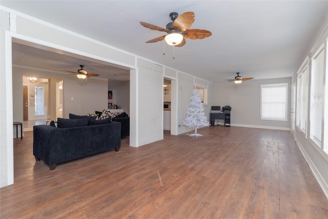 living room featuring ceiling fan and wood-type flooring