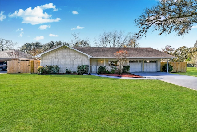 single story home featuring a front yard and a garage