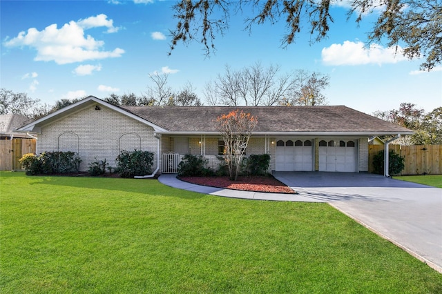 ranch-style house featuring a front yard, a porch, and a garage