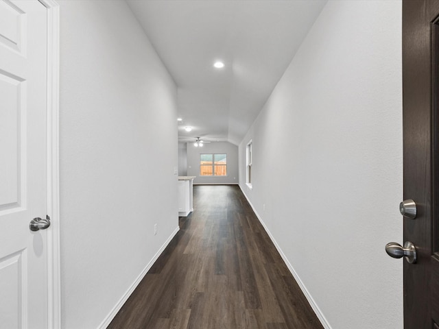 corridor featuring dark hardwood / wood-style flooring and vaulted ceiling