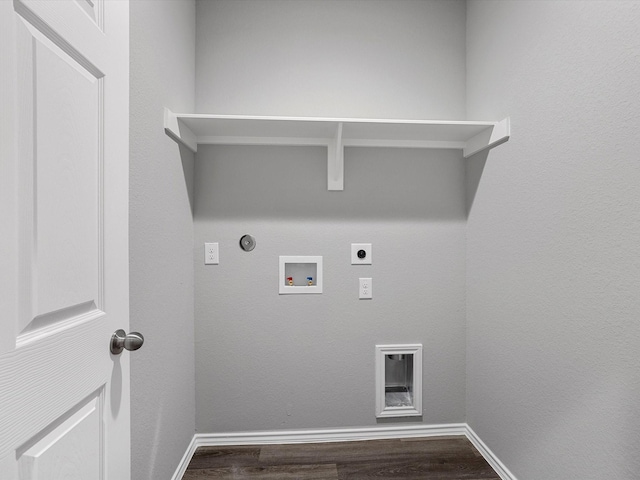 clothes washing area with hookup for an electric dryer, gas dryer hookup, dark wood-type flooring, and hookup for a washing machine