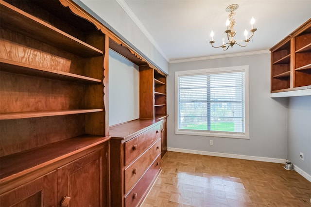 spacious closet with light parquet flooring and an inviting chandelier