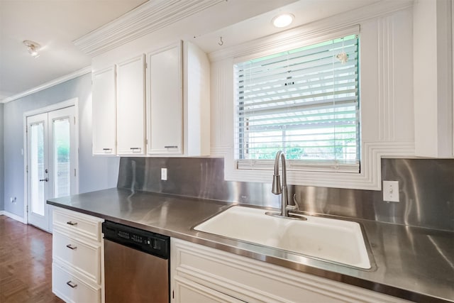 kitchen with stainless steel counters, sink, white cabinets, and stainless steel dishwasher