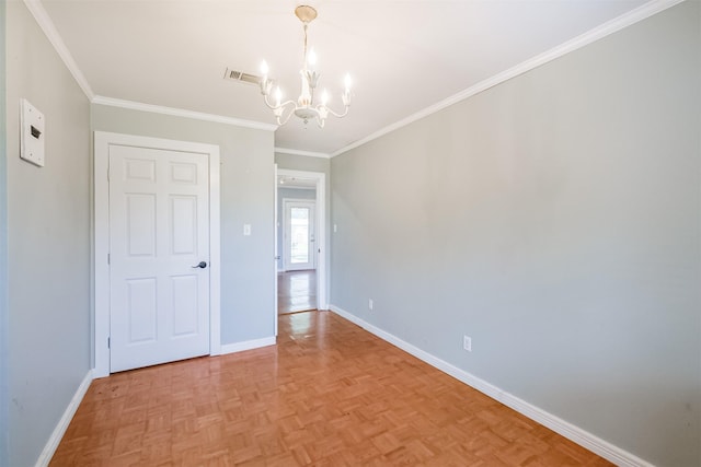 unfurnished room with a chandelier, crown molding, and light parquet floors