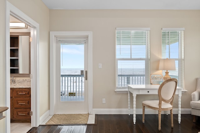 doorway featuring a water view and wood-type flooring