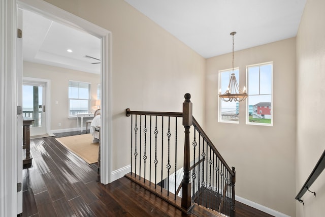 staircase with hardwood / wood-style flooring, a healthy amount of sunlight, a tray ceiling, and an inviting chandelier