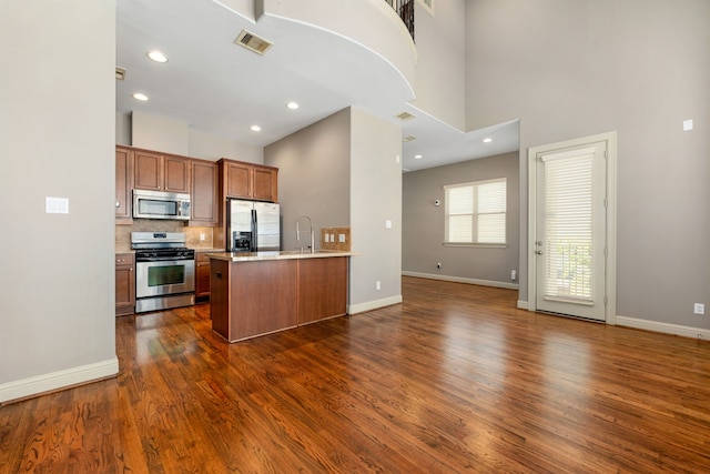 kitchen with sink, a towering ceiling, stainless steel appliances, and dark wood-type flooring