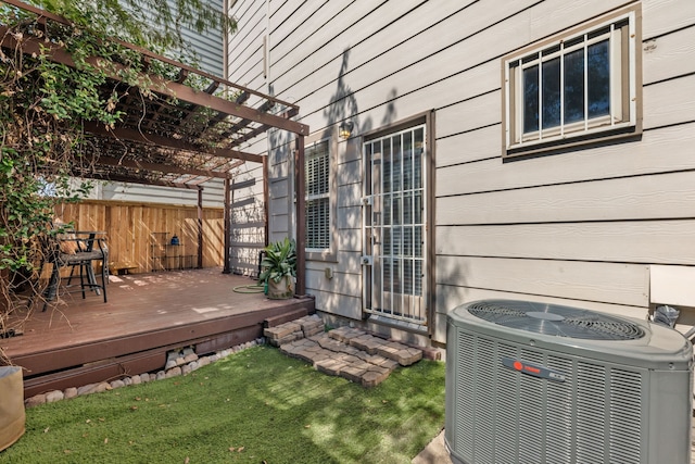 wooden terrace with a pergola and central AC