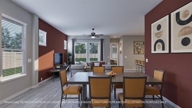 dining room with ceiling fan and hardwood / wood-style flooring