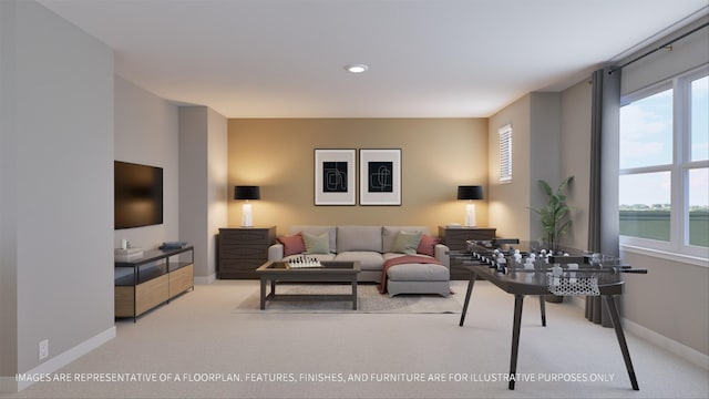 carpeted living room with a water view