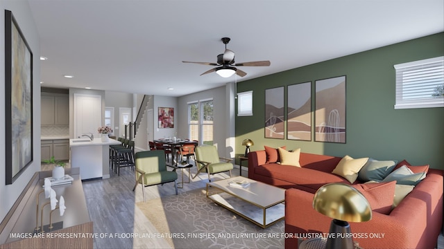 living room with dark hardwood / wood-style flooring and ceiling fan