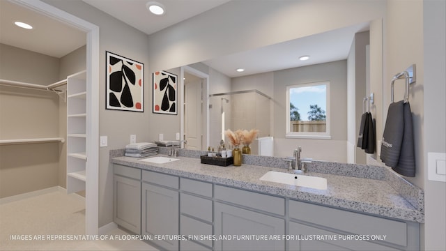 bathroom featuring vanity and a shower with shower door