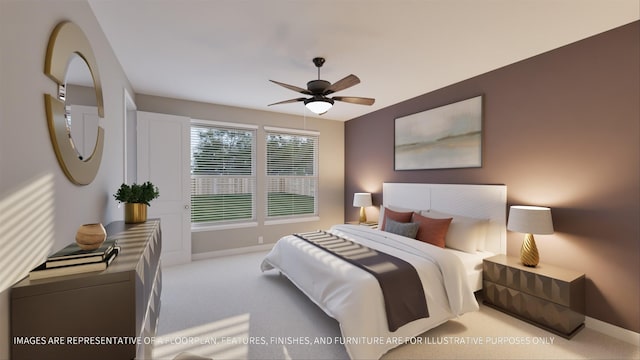 bedroom featuring ceiling fan and light carpet