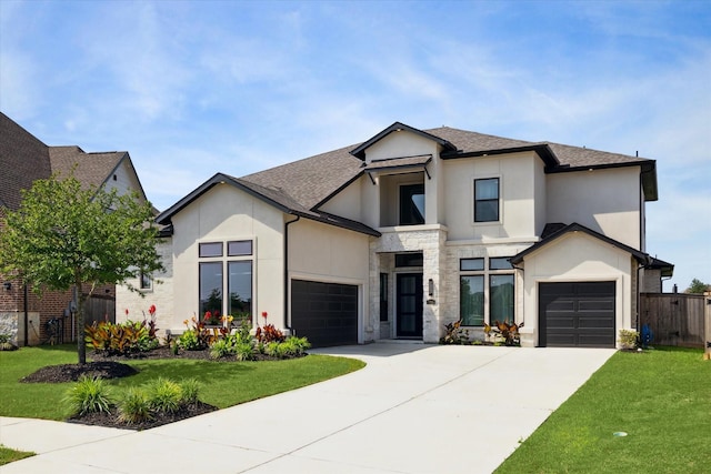 view of front of property with stone siding, fence, concrete driveway, a front yard, and a shingled roof