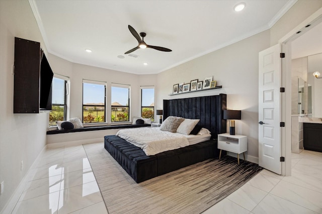 bedroom featuring recessed lighting, baseboards, multiple windows, and ornamental molding