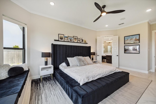 bedroom with recessed lighting, visible vents, baseboards, and ornamental molding