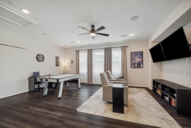 game room featuring visible vents, dark wood finished floors, recessed lighting, baseboards, and ceiling fan