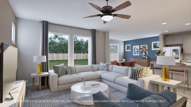 living room featuring ceiling fan