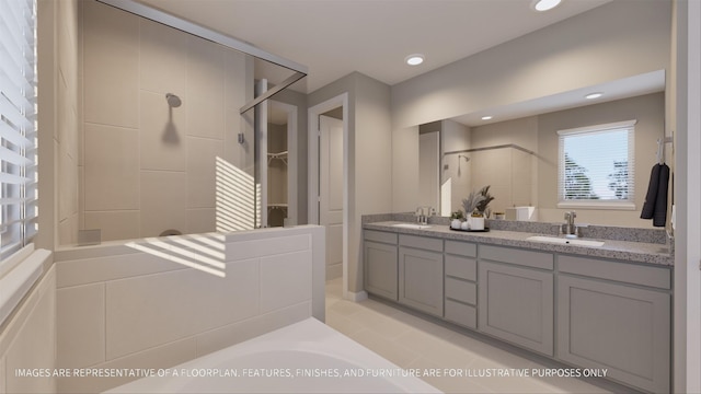 bathroom featuring tile patterned floors, separate shower and tub, and vanity