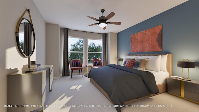 bedroom featuring ceiling fan and light colored carpet